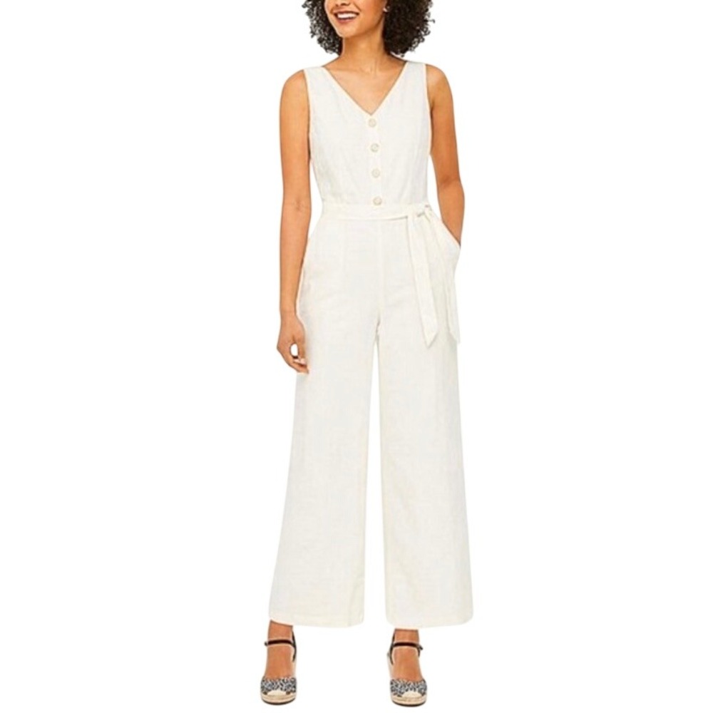 NEW LOFT Linen Wide Leg Button Front‎ Jumpsuit SZ 10 Ivory White Minimalist Boho
